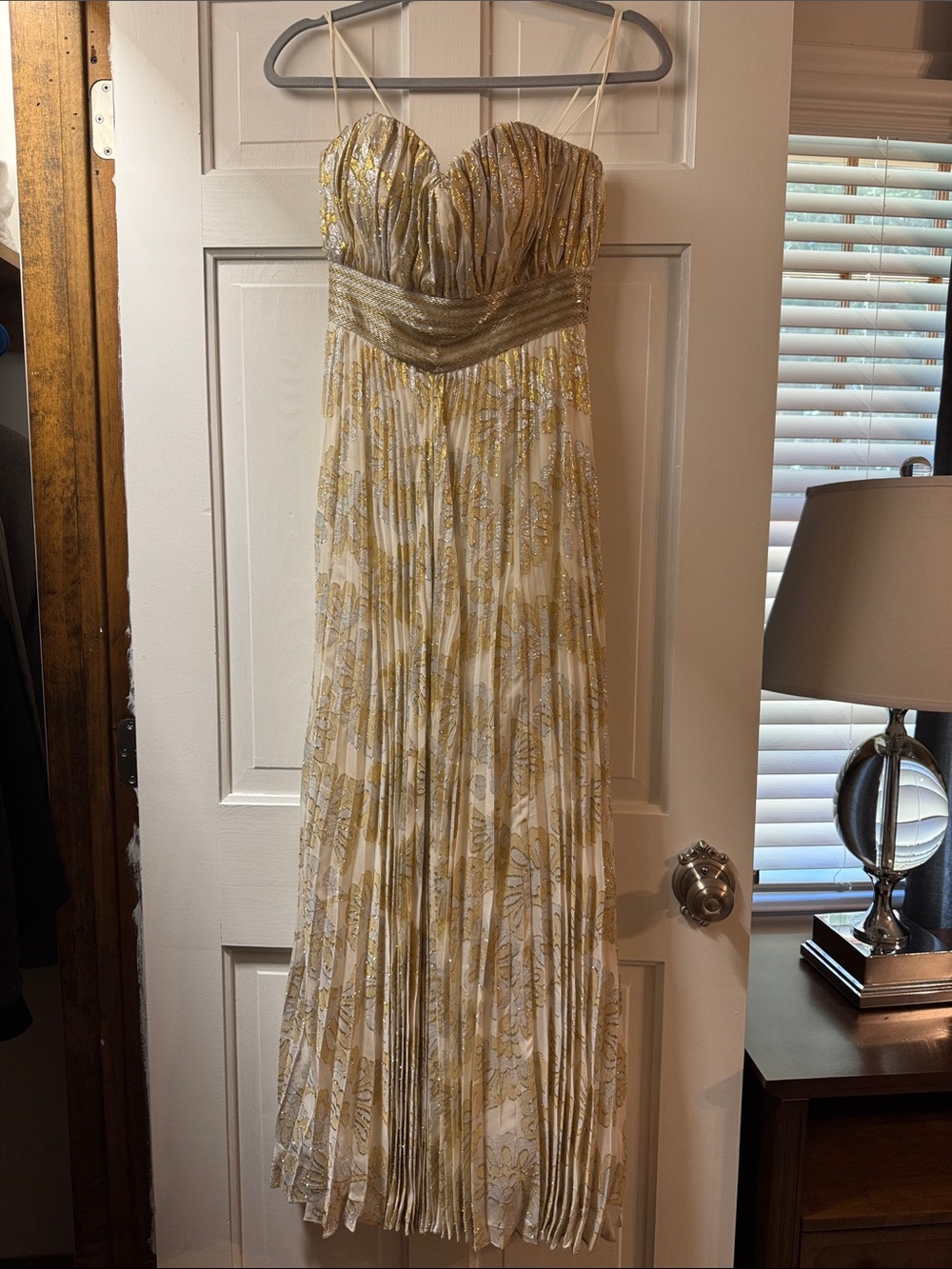 Gold and White Pleated Strapless Evening Dress